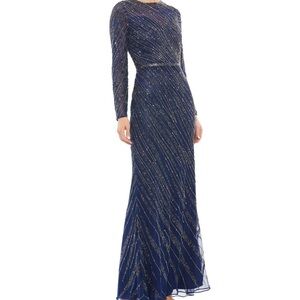 NWT Mac Duggal Midnight Long Sleeve Silver Beaded Column Gown, size 10